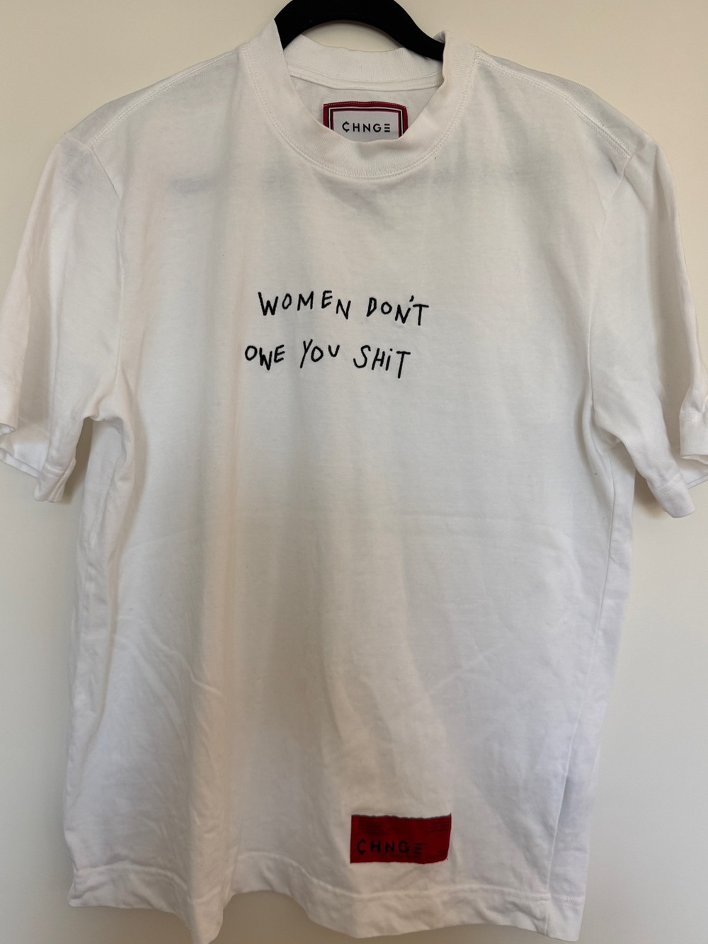 CHNGE White Short-Sleeve Tee with Black Script and Red Patch